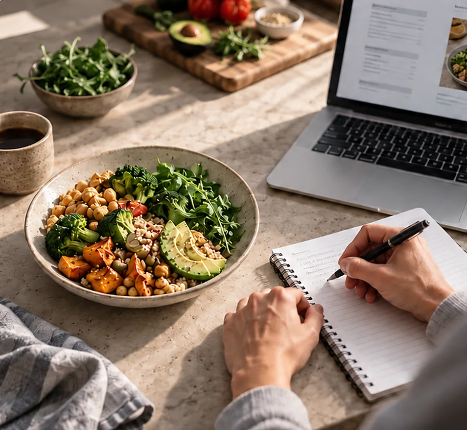 Plato con verduras, garbanzos y aguacate junto a un cuaderno y una computadora